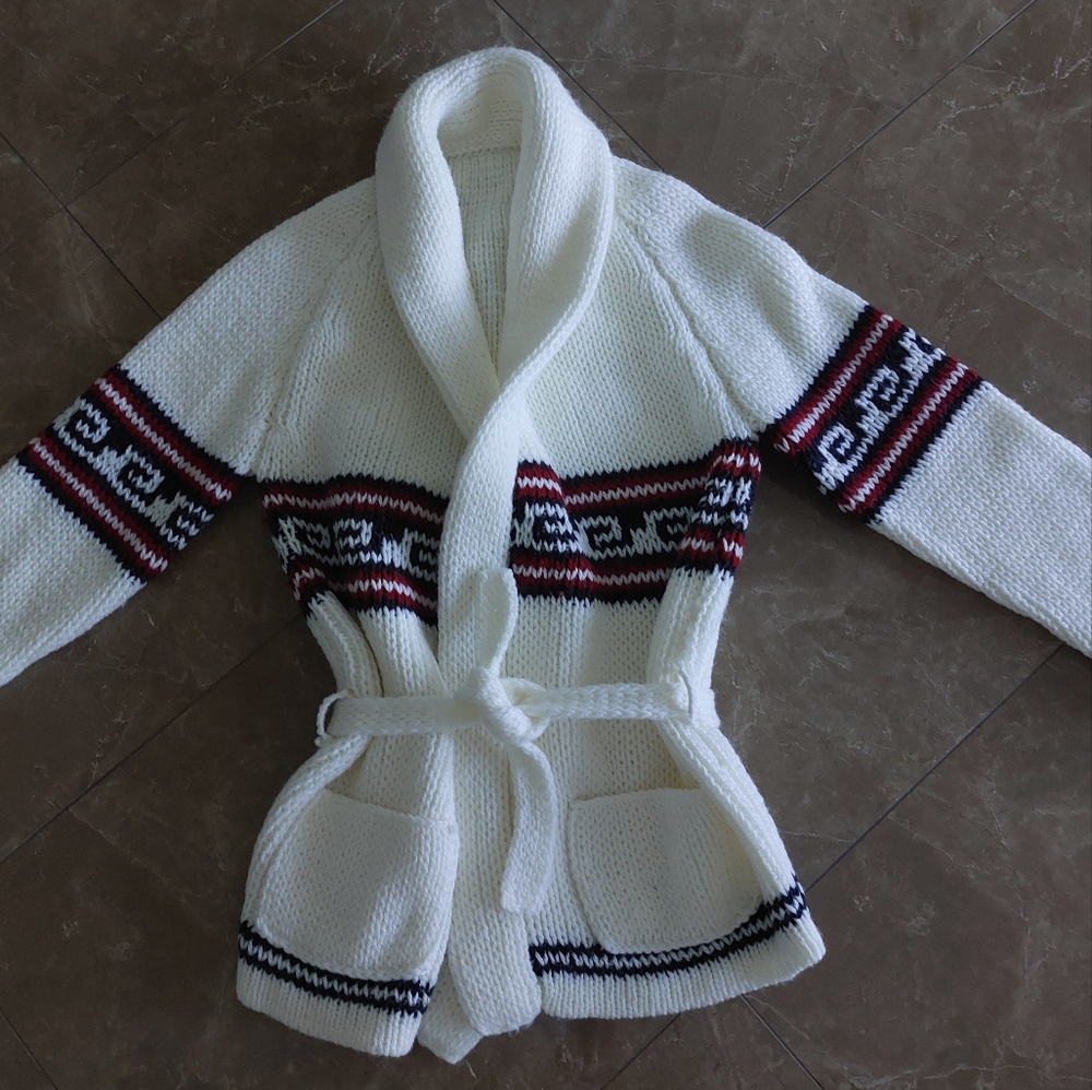 Handknit belted cardigan knit sweaters with greek key link with belt + pockets